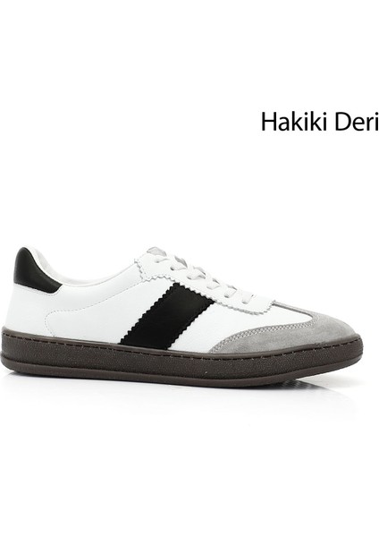 Kadın Beyaz - Siyah Bağcıklı Hakiki Deri Sneaker