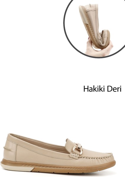 Kadın Antik Bej Tokalı Rok Hakiki Deri Comfort Loafer