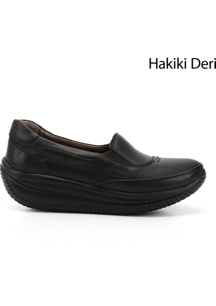 Kadın Siyah Dolgu Taban Hakiki Deri Ayakkabı
