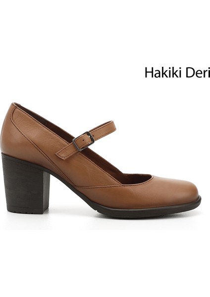 Kadın Açık Taba Kalın Topuklu Mary Jane Hakiki Deri Ayakkabı