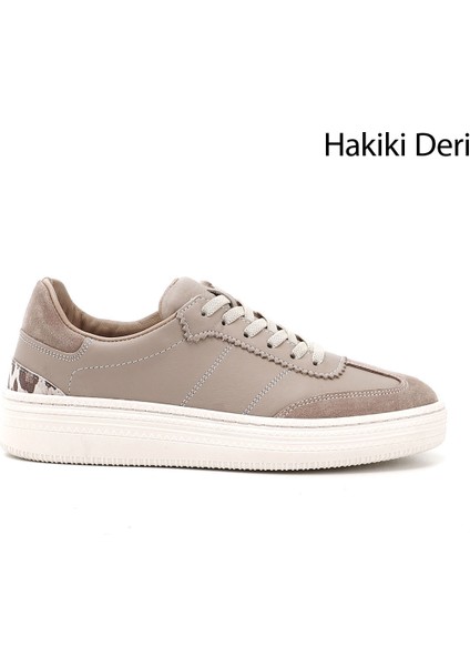 Kadın Vizon Lastik Bağcıklı Dolgu Taban Hakiki Deri Sneaker
