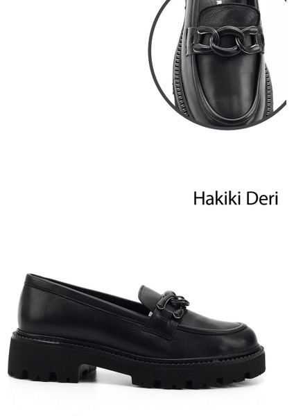 Kadın Siyah Kalın Topuklu Tokalı Hakiki Deri Loafer Ayakkabı