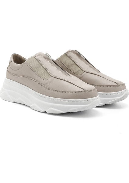 Kadın Antik Bej Fermuarlı Dolgu Taban Hakiki Deri Sneaker modelleri