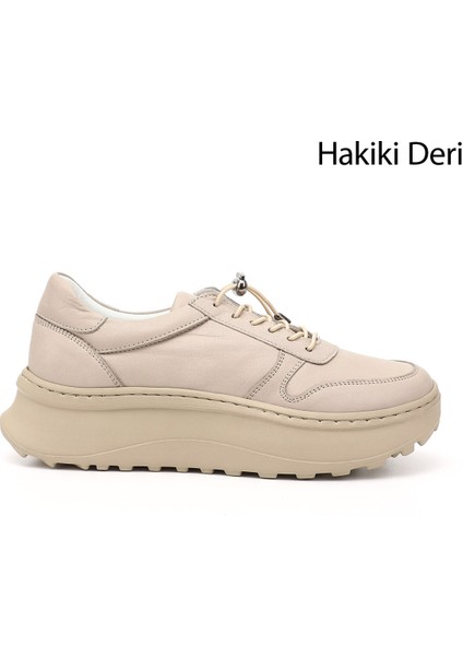 Kadın Bej Lastik Bağcıklı Comfort Dolgu Taban Hakiki Deri Sneaker