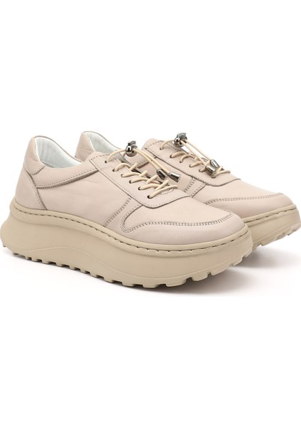 Kadın Bej Lastik Bağcıklı Comfort Dolgu Taban Hakiki Deri Sneaker fiyatları