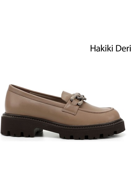 Kadın Vizon Antik Kalın Topuklu Tokalı Hakiki Deri Loafer Ayakkabı