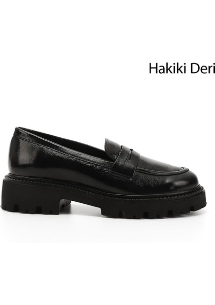 Kadın Siyah Rugan Kalın Topuklu Hakiki Deri Loafer Ayakkabı