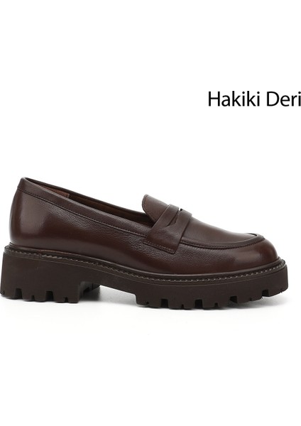 Kadın Kahve Antik Kalın Topuklu Hakiki Deri Loafer Ayakkabı