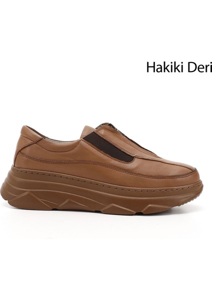 Kadın Açık Taba Fermuarlı Dolgu Taban Hakiki Deri Sneaker
