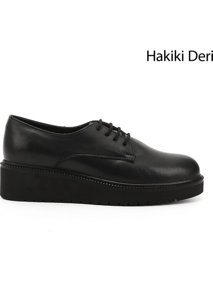 Kadın Siyah Bağcıklı Dolgu Taban Hakiki Deri Ayakkabı