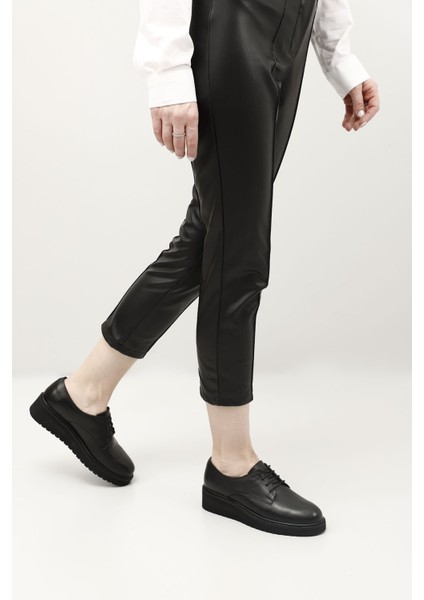 Kadın Siyah Bağcıklı Dolgu Taban Hakiki Deri Ayakkabı fiyatları