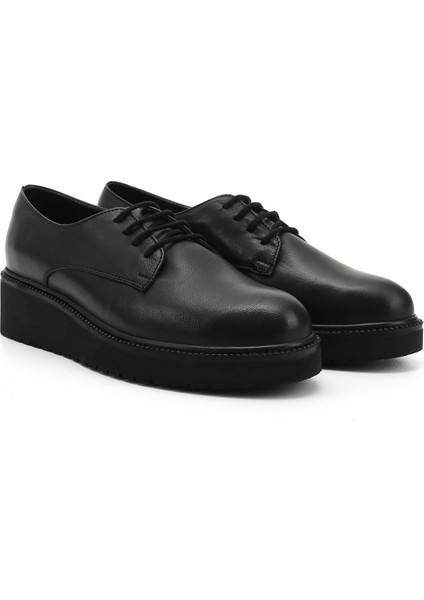Kadın Siyah Bağcıklı Dolgu Taban Hakiki Deri Ayakkabı modelleri