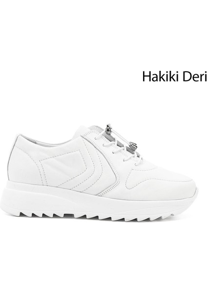 Kadın Beyaz Bağcıklı Dolgu Taban Hakiki Deri Sneaker