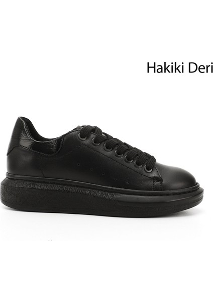 Kadın Kömür Bağcıklı Dolgu Taban Hakiki Deri Sneaker