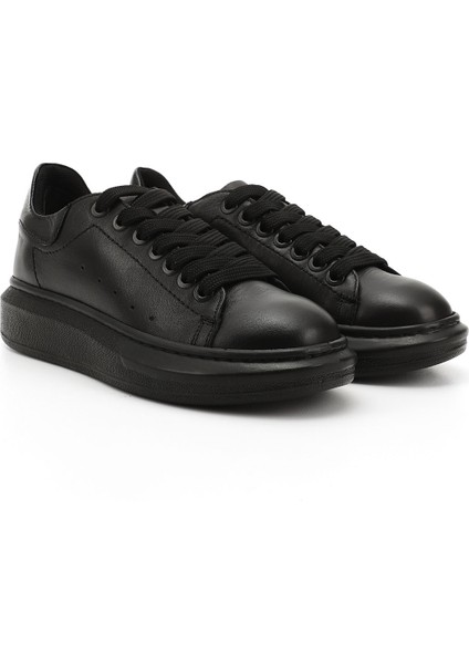Kadın Kömür Bağcıklı Dolgu Taban Hakiki Deri Sneaker modelleri