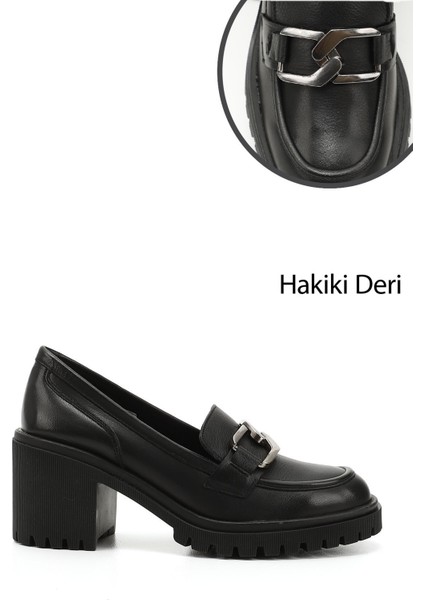 Kadın Siyah Tokalı Orta Kalın Topuklu Hakiki Deri Ayakkabı
