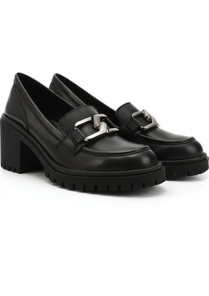 Kadın Siyah Tokalı Orta Kalın Topuklu Hakiki Deri Ayakkabı modelleri