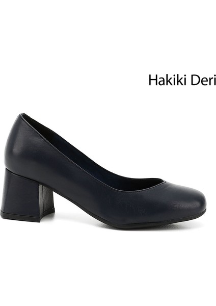 Kadın Antik Lacivert Küt Burun Orta Kalın Topuklu Hakiki Deri Ayakkabı