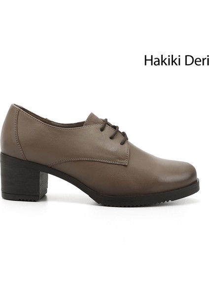 Kadın Vizon Antik Bağcıklı Orta Kalın Topuklu Hakiki Deri Oxford Ayakkabı