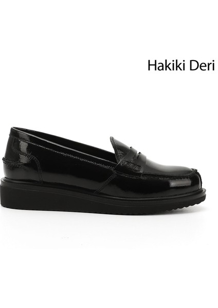 Kadın Siyah - Rugan Dolgu Taban Hakiki Deri Loafer Ayakkabı