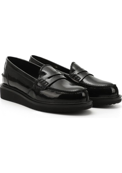 Kadın Siyah - Rugan Dolgu Taban Hakiki Deri Loafer Ayakkabı modelleri