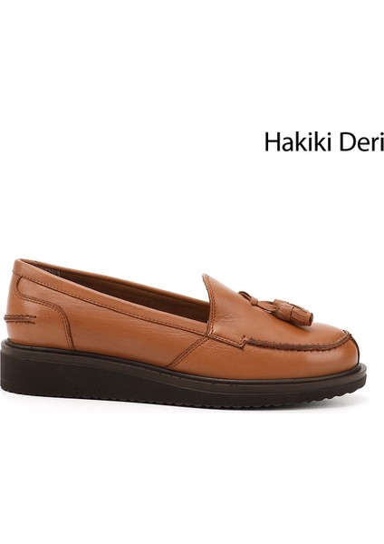 Kadın Taba Antik Dolgu Taban Hakiki Deri Loafer Ayakkabı