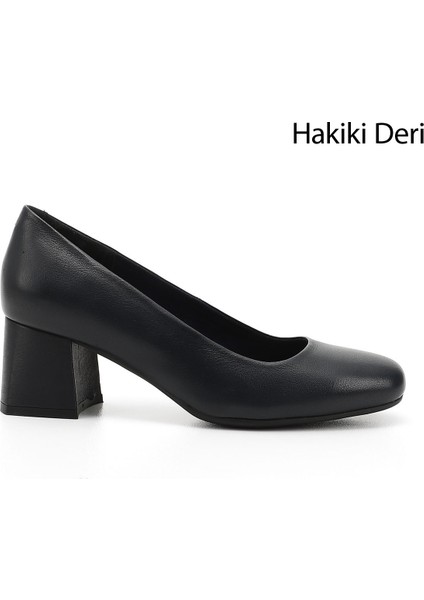 Kadın Antik Lacivert Küt Burun Orta Kalın Topuklu Hakiki Deri Ayakkabı