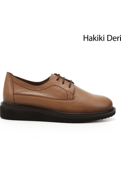 Kadın Açık Taba Bağcıklı Dolgu Taban Hakiki Deri Ayakkabı