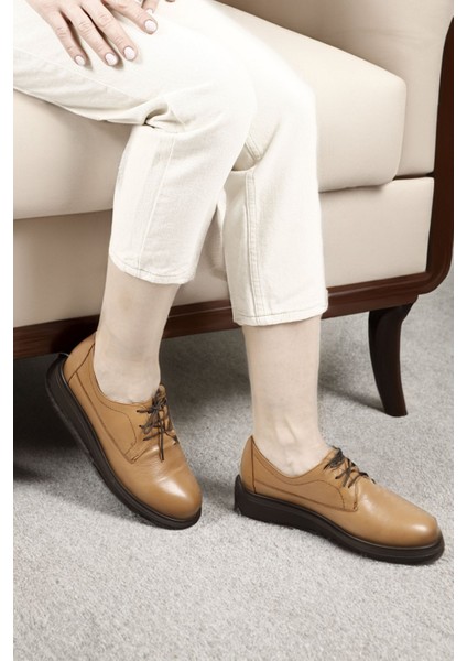Kadın Açık Taba Bağcıklı Dolgu Taban Hakiki Deri Ayakkabı fiyatları