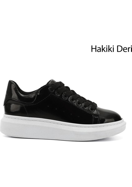 Kadın Siyah Rugan Bağcıklı Dolgu Taban Hakiki Deri Sneaker