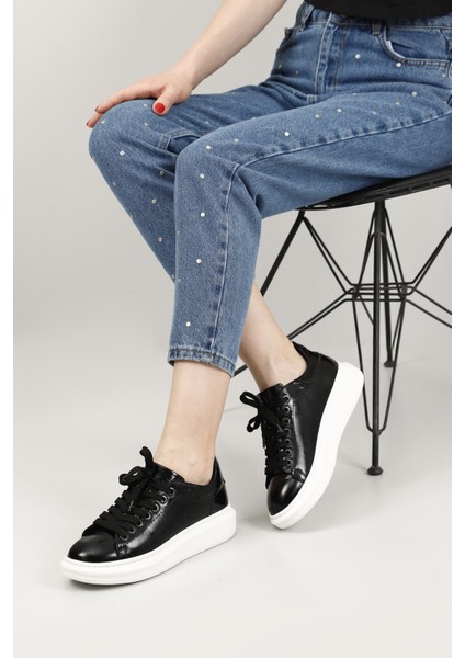 Kadın Siyah Rugan Bağcıklı Dolgu Taban Hakiki Deri Sneaker fiyatları