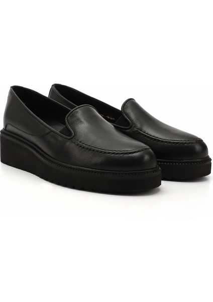 Kadın Siyah Dolgu Taban Hakiki Deri Ayakkabı modelleri