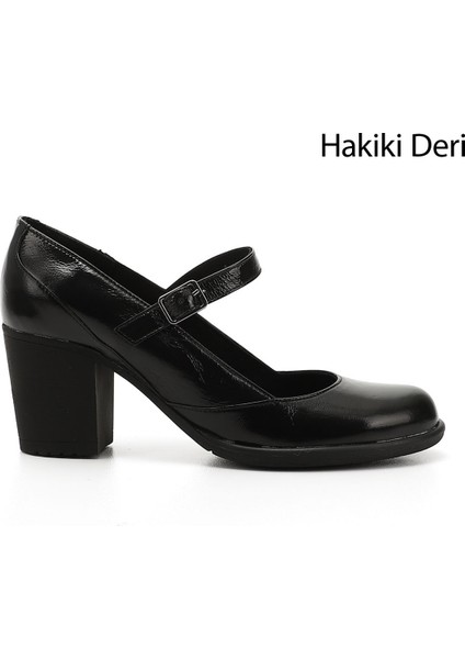 Kadın Siyah - Rugan Kalın Topuklu Mary Jane Hakiki Deri Ayakkabı