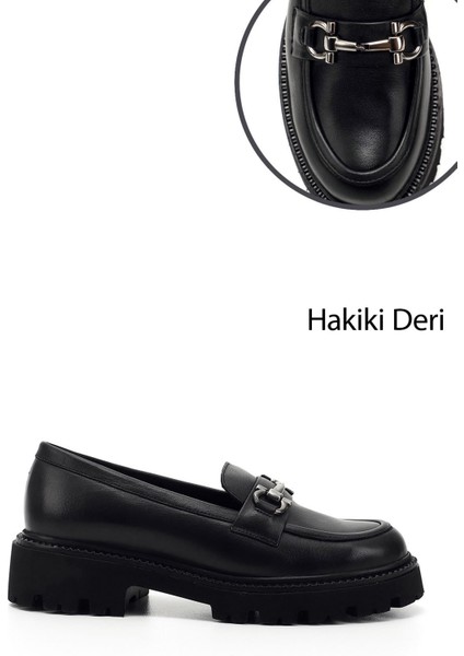 Kadın Siyah Kalın Topuklu Tokalı Hakiki Deri Loafer Ayakkabı