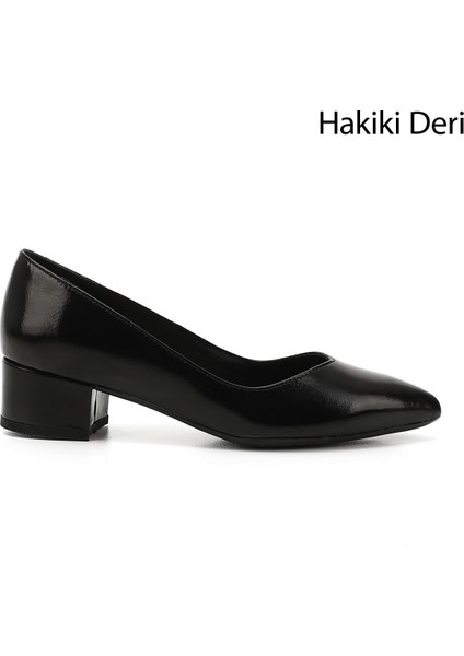 Kadın Siyah Rugan Kısa Kalın Topuklu Hakiki Deri Ayakkabı