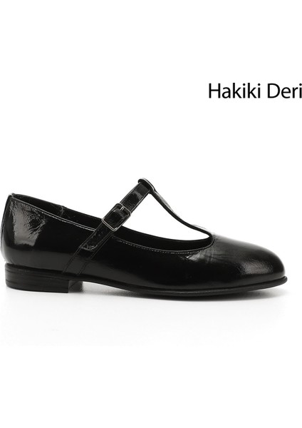 Kadın Siyah Rugan Mary Jane Hakiki Deri Babet