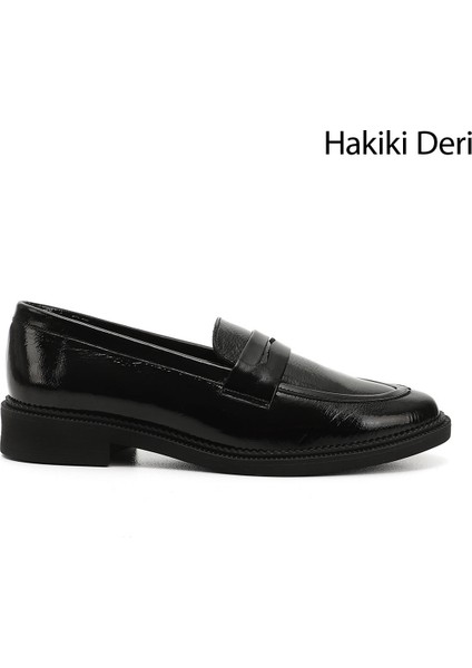Kadın Siyah Rugan Hakiki Deri Loafer Ayakkabı