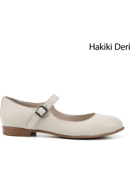 Kadın Bej Bilek Bağlı Mary Jane Hakiki Deri Babet