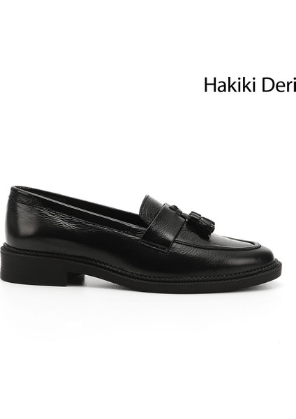 Kadın Siyah - Rugan Hakiki Deri Püsküllü Loafer Ayakkabı