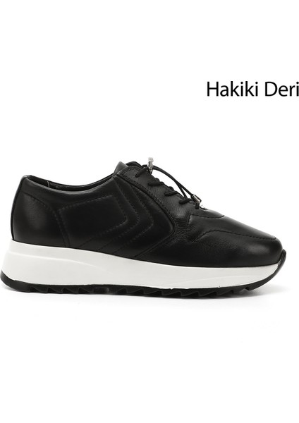 Kadın Siyah Bağcıklı Dolgu Taban Hakiki Deri Sneaker