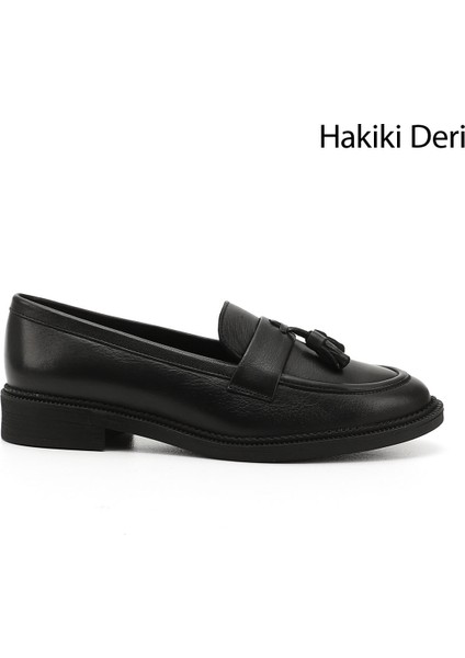 Kadın Siyah Hakiki Deri Püsküllü Loafer Ayakkabı
