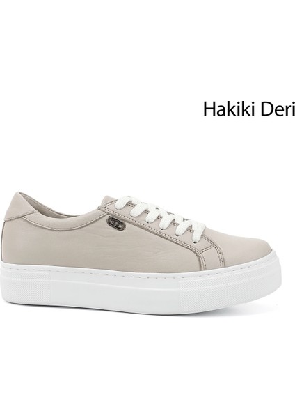 Kadın Antik Bej Bağcıklı Dolgu Taban Hakiki Deri Sneaker