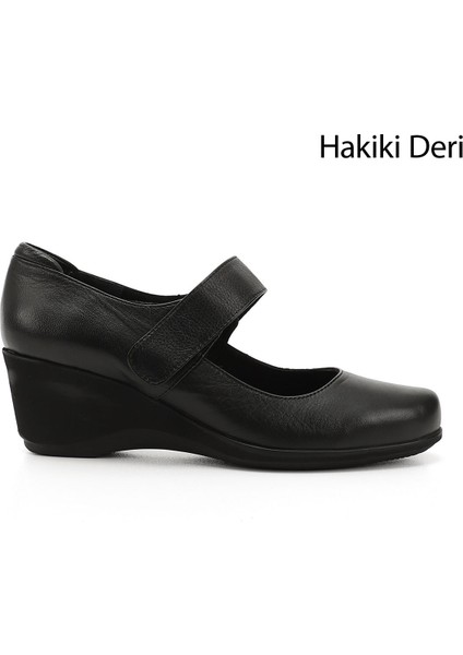 Kadın Siyah Dolgu Taban Hakiki Deri Mary Jane Ayakkabı