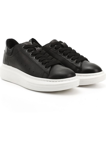 Kadın Siyah Bağcıklı Dolgu Taban Hakiki Deri Sneaker modelleri