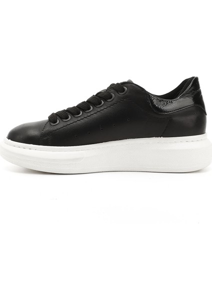 Kadın Siyah Bağcıklı Dolgu Taban Hakiki Deri Sneaker fırsatları