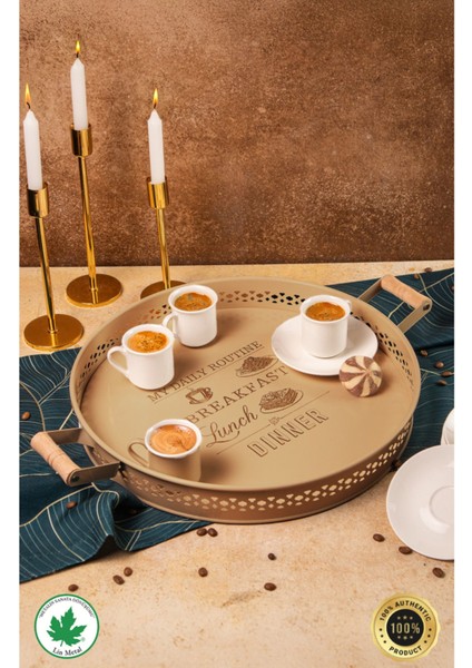 Ahşap Kulplu Desenli Yuvarlak Metal Servis Tepsisi 37CM, Kahve ve Sunum Için Ideal