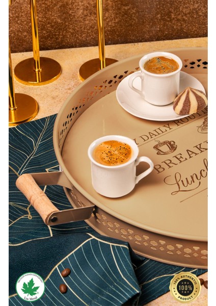 Ahşap Kulplu Desenli Yuvarlak Metal Servis Tepsisi 37CM, Kahve ve Sunum Için Ideal fiyatları