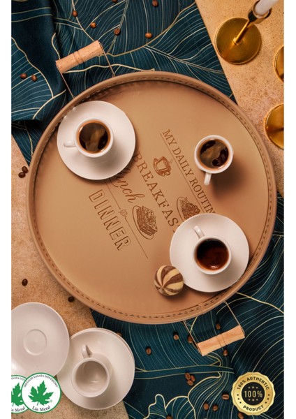 Ahşap Kulplu Desenli Yuvarlak Metal Servis Tepsisi 37CM, Kahve ve Sunum Için Ideal modelleri