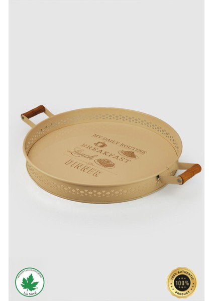 Ahşap Kulplu Desenli Yuvarlak Metal Servis Tepsisi 37CM, Kahve ve Sunum Için Ideal fırsatları