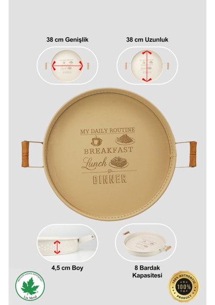 Ahşap Kulplu Desenli Yuvarlak Metal Servis Tepsisi 37CM, Kahve ve Sunum Için Ideal